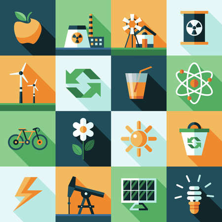 Digital vector yellow green ecology icons with drawn simple line art info graphic, presentation with recycle, production and alternative energy elements around promo template, flat styleのイラスト素材