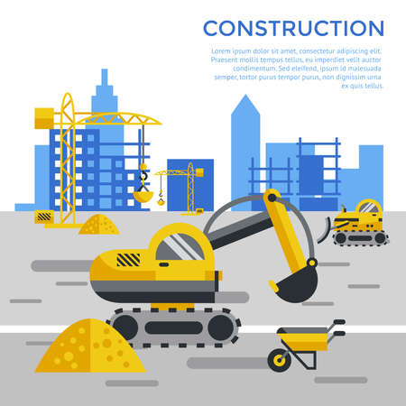 Digital vector yellow construction building tracks icons with drawn simple line art info graphic, presentation with crane, road, grout, excavator and cement elements around promo template, flat styleのイラスト素材