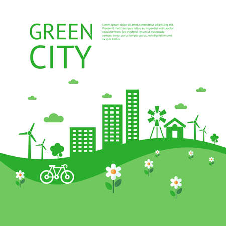 Digital vector green city ecology icons with drawn simple line art info graphic, presentation with recycle, windmills and alternative energy elements around promo template, flat styleのイラスト素材