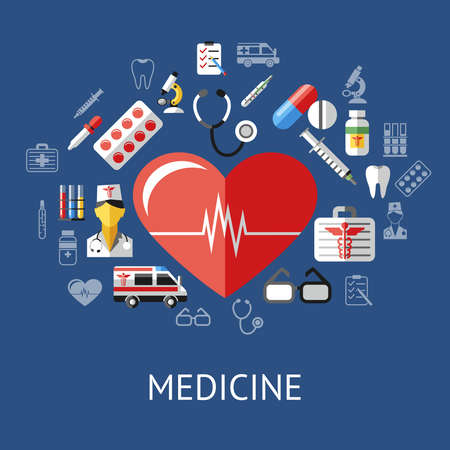 Digital vector blue red big heart pharmacy medical icons set with drawn simple line art info graphic, ambulance tooth pills nurse tubes medicine dropper first aid thermometer hospital, flat styleのイラスト素材