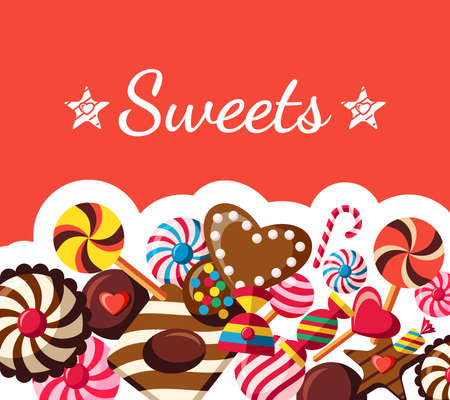 Digital vector red brown sweet candies icons with drawn simple line art info graphic, presentation with sweety, chocolate and cookies elements around promo template, flat styleのイラスト素材