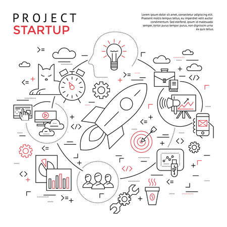 Digital vector yellow startup business icons with drawn simple line art info graphic, presentation with project and team elements around promo template, flat styleのイラスト素材