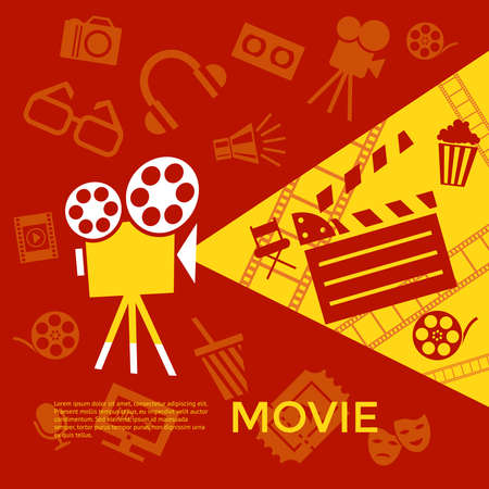 Digital vector red yellow cinema icons with drawn simple line art info graphic, presentation with screen, movie and old camera elements around promo template, flat styleのイラスト素材