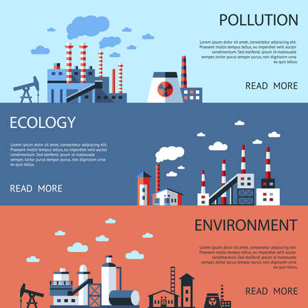 Digital vector blue factory pollution icons with drawn simple line art info graphic, presentation with nuclear plant, smoke, environment and energy elements around promo template, flat styleのイラスト素材