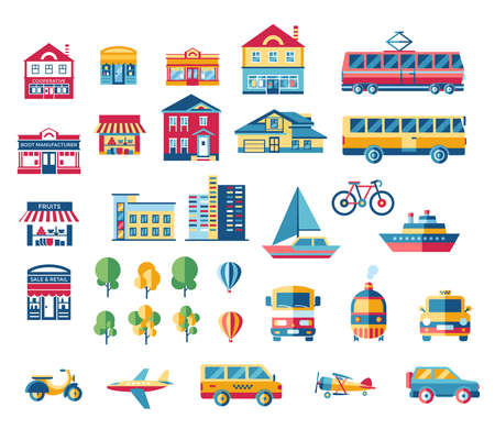 Digital vector blue red city transport icons set with drawn simple line art info graphic, presentation with car, plane and building elements around promo template, flat styleのイラスト素材