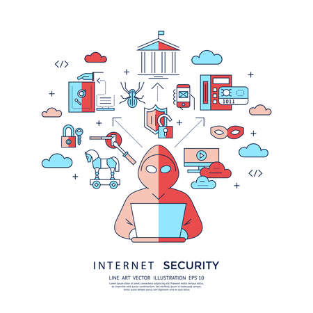 Digital vector blue internet security data protection icons set drawn simple line art info graphic poster, hacker user bug vulnerability mobile email trojan malware bank cloud spy intercept mask, flatのイラスト素材