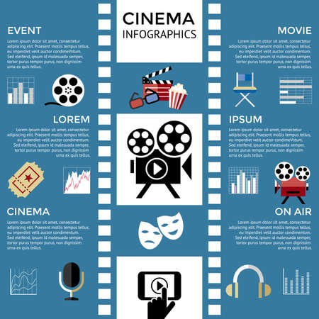 Digital vector red blue cinema icons with drawn simple line art info graphic, presentation with screen, movie and film elements around promo template, flat styleのイラスト素材
