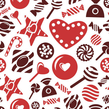 Digital vector red brown sweet candies icons with drawn simple line art info graphic, presentation with sweety, seamless pattern, chocolate and cookies elements around promo template, flat styleのイラスト素材