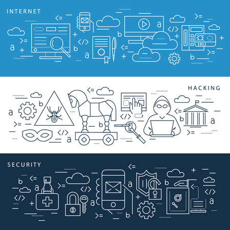 Digital vector blue internet security data protection icons set drawn simple line art info graphic poster, hacker user bug vulnerability mobile email trojan malware bank cloud spy intercept mask, flatのイラスト素材