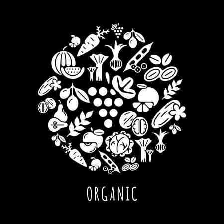 Digital black vegetable icons set infographics drawn simple line art pattern, onion squash pear orange apple grape carrot wallnut peas watermelon cabage, flat, organic vegetarian food chainのイラスト素材