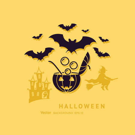 Digital vector yellow black happy halloween icons with drawn simple line art info graphic, presentation with bats, cat and pumpkin elements around promo template, flat styleのイラスト素材