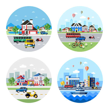 Digital vector blue city transport icons with drawn simple line art info graphic, presentation with car, motorcycle and urban building elements around promo template, round frame, flat styleのイラスト素材