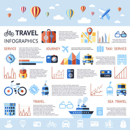 Digital vector blue summer time travel icons set with drawn simple line art info graphic poster promo, ship boat camera balloon compass air plane map globe taxi card hotel, flat styleのイラスト素材