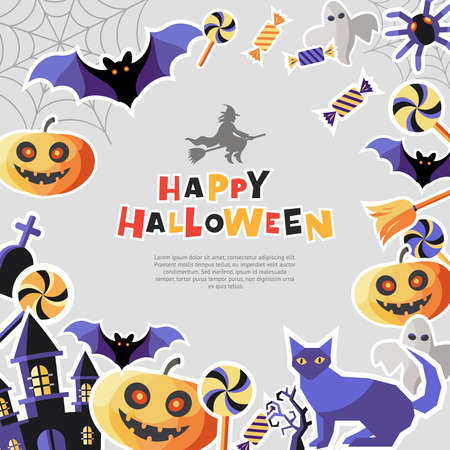 Digital vector silver purple happy halloween icons with drawn simple line art info graphic, presentation with bats, cat and pumpkin elements around promo template, flat styleのイラスト素材