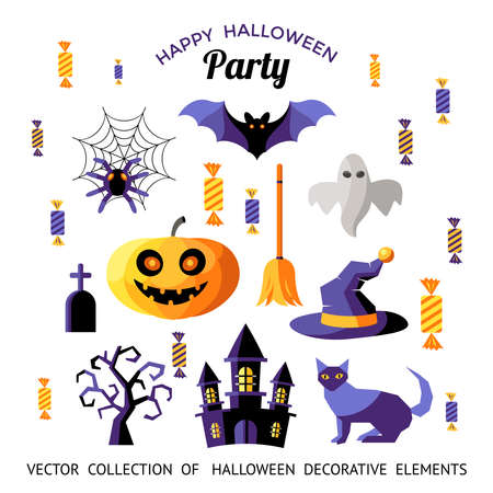 Digital vector yellow purple happy halloween icons with drawn simple line art info graphic, presentation with bats, cat and pumpkin elements around promo template, flat styleのイラスト素材