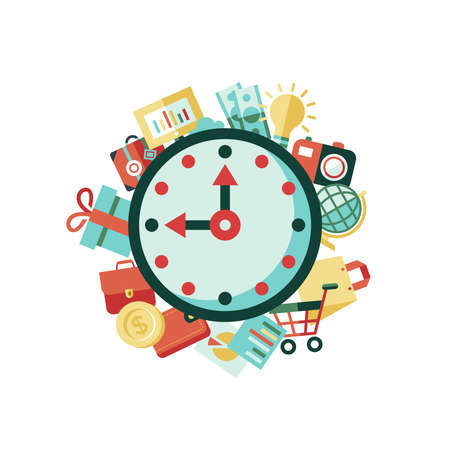 Digital vector green red work space icons set with drawn simple line art info graphic, presentation with clock, money and commerce elements around promo template, flat styleのイラスト素材