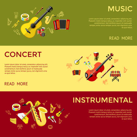 Digital vector green music instruments icons with drawn simple line art info graphic, presentation with guitar, piano, drums and sound elements around promo template, flat styleのイラスト素材