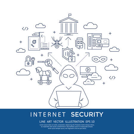 Digital vector blue internet security data protection icons set drawn simple line art info graphic poster, hacker user bug vulnerability mobile email trojan malware bank cloud spy mask, flatのイラスト素材