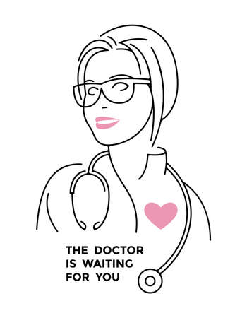 Digital vector black and pink happy nurse with glasses and heart icon, the doctor is waiting for youのイラスト素材