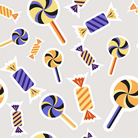 Digital vector silver purple happy halloween icons with drawn simple line art info graphic, seamless pattern, presentation with candies, sweets elements around promo template, flat styleのイラスト素材