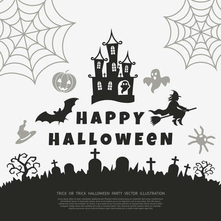 Digital vector black happy halloween icons with drawn simple line art info graphic, presentation with bats, cat and cemetery elements around promo template, flat styleのイラスト素材