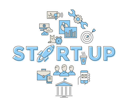 Digital vector blue red startup team icons with drawn simple line art info graphic, presentation with rocket, project and business elements around promo template, flat styleのイラスト素材