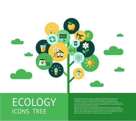 Digital vector green ecology icons tree with drawn simple line art info graphic, presentation with recycle, flowers and alternative energy elements around promo poster template, flat styleのイラスト素材