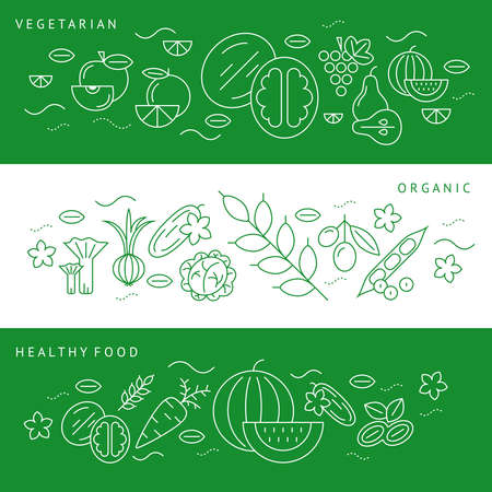 Digital vector green and white vegetable icons set infographics with drawn simple line art, onion squash pear orange apple grape carrot wallnut peas watermelon flower cabage, flat styleのイラスト素材