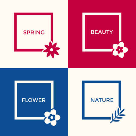 Digital vector blue red flowers set icons with drawn simple line art info graphic, presentation with frames, spring beauty, square and floral elements around promo template, flat styleのイラスト素材
