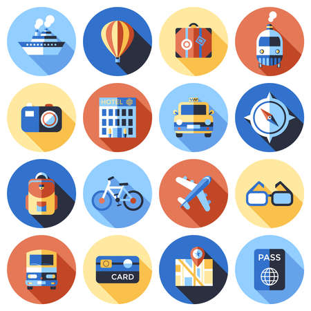 Digital vector blue red travel icons set with drawn simple line art info graphic poster promo, ship boat camera balloon luggage compass air plane map globe taxi card hotel bicycle free, flat styleのイラスト素材