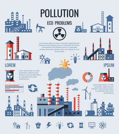 Digital vector blue factory pollution icons with drawn simple line art info graphic, presentation with nuclear plant, smoke, environment and energy elements around promo template, flat styleのイラスト素材