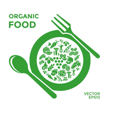 Digital vector green vegetable icons set infographics drawn simple line art, onion squash pear orange apple grape carrot walnut peas watermelon cabbage, flat, spoon fork plate, organic vegetarian foodのイラスト素材