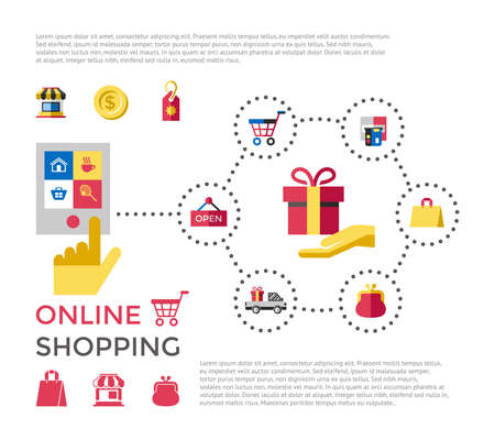 Digital vector white online shopping icons with drawn simple line art info graphic, presentation with money, commerce and economy elements around promo template, flat styleのイラスト素材