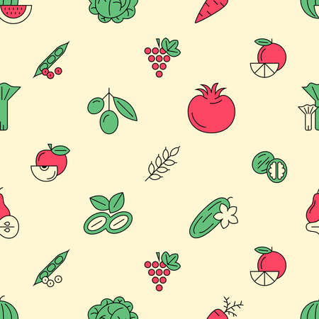 Digital green red vegetable icons set infographics drawn simple line art pattern, onion squash pear orange apple grape carrot wallnut peas watermelon cabage, flat, organic vegetarian foodの写真素材