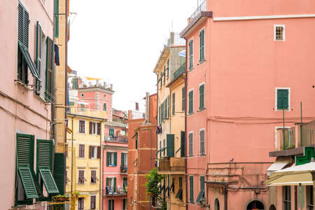 View to buildings and sky in a foggy day. Vernazza, Cinque Terre, Italy