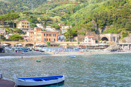 MONTEROSSO AL MARE, ITALY - JUNE 25, 2017: Beautiful view to beach with tourists walking and relaxing. Cinque Terreのeditorial素材