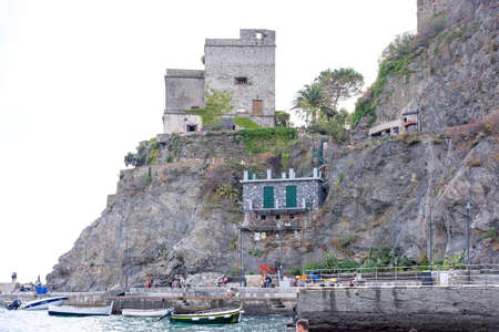 MONTEROSSO AL MARE, ITALY - JUNE 25, 2017: View to a castle made of rock at top of the mountains. Cinque terre beautiesのeditorial素材