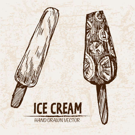 Digital vector detailed line art juicy ice cream on stick hand drawn retro illustration collection set. Thin artistic pencil outline. Vintage ink flat, engraved design doodle sketches. Isolatedのイラスト素材