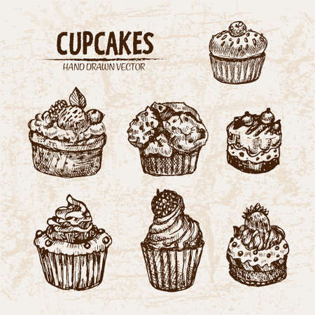Digital vector detailed line art cupcakes with fruits hand drawn retro illustration collection set. Thin artistic pencil outline. Vintage ink flat, engraved design doodle sketches. Isolatedのイラスト素材