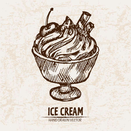 Digital vector detailed line art sundae ice cream in glass bowl hand drawn retro illustration collection set. Thin artistic pencil outline. Vintage ink flat, engraved design doodle sketches. Isolatedのイラスト素材