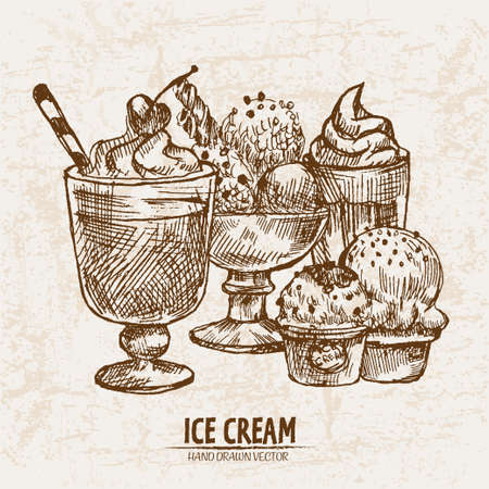 Digital vector detailed line art random ornamented ice cream hand drawn retro illustration collection set. Thin artistic pencil outline. Vintage ink flat, engraved design doodle sketches. Isolatedのイラスト素材