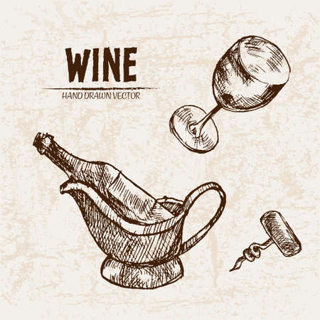 Digital vector detailed line art wine, wineglass and opener and hand drawn retro illustration collection set. Thin artistic pencil outline. Vintage ink flat, engraved design doodle sketches. Isolatedのイラスト素材