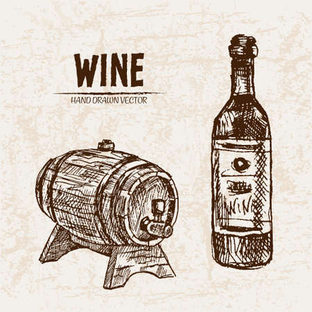 Digital vector detailed line art wine bottle and wood barrel hand drawn retro illustration collection set. Thin artistic pencil outline. Vintage ink flat, engraved design doodle sketches. Isolatedのイラスト素材