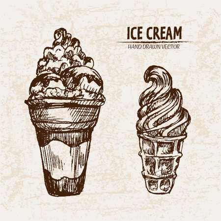 Digital vector detailed line art ice cream in waffle cones hand drawn retro illustration collection set. Thin artistic pencil outline. Vintage ink flat, engraved design doodle sketches. Isolatedのイラスト素材