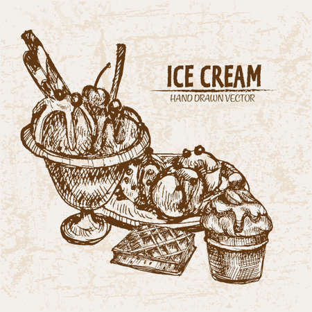 Digital vector detailed line art random ornamented ice cream hand drawn retro illustration collection set. Thin artistic pencil outline. Vintage ink flat, engraved design doodle sketches. Isolatedのイラスト素材