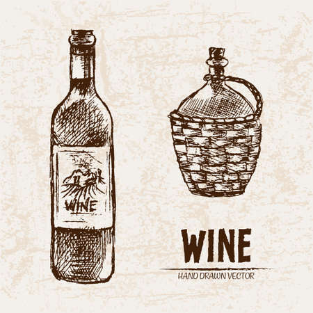 Digital vector detailed line art wine bottle and pitcher hand drawn retro illustration collection set. Thin artistic pencil outline. Vintage ink flat, engraved design doodle sketches. Isolatedのイラスト素材