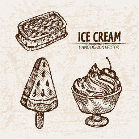 Digital vector detailed line art random ice cream presentation and hand drawn retro illustration collection set. Thin artistic pencil outline. Vintage ink flat, engraved design doodle sketchesのイラスト素材