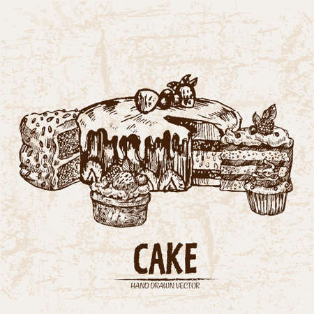 Digital vector detailed line art sliced cake with fruits hand drawn retro illustration collection set. Thin artistic pencil outline. Vintage ink flat, engraved design doodle sketches. Isolatedのイラスト素材