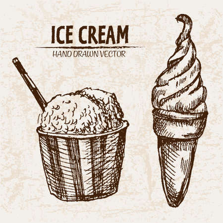 Digital vector detailed line art ice cream in cone and bowl hand drawn retro illustration collection set. Thin artistic pencil outline. Vintage ink flat, engraved design doodle sketches. Isolatedのイラスト素材