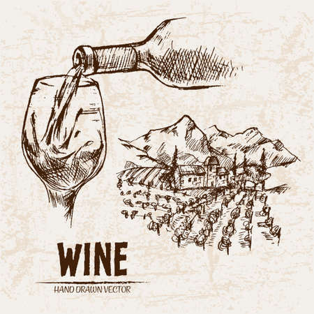 Digital vector detailed line art pouring wine and vineyard hand drawn retro illustration collection set. Thin artistic pencil outline. Vintage ink flat, engraved design doodle sketches. Isolatedのイラスト素材